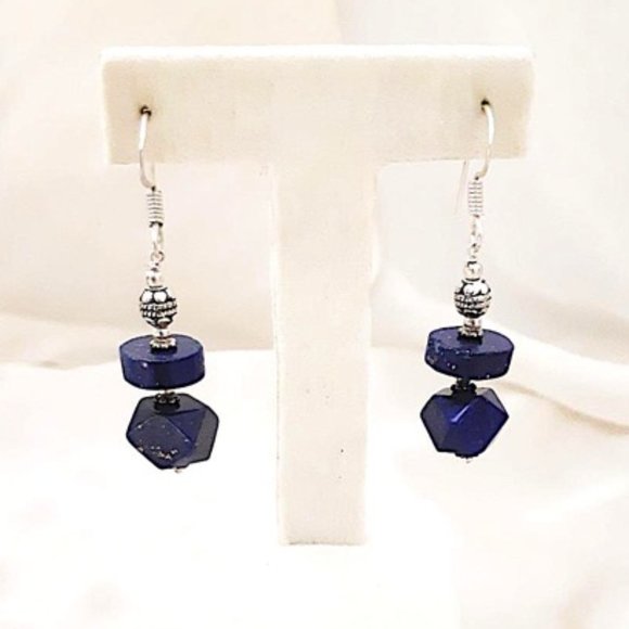 Genuine Blue Lapis Lazuli Dangled Earrings 925 Silver French Wire Pierced Ears - Picture 2 of 9